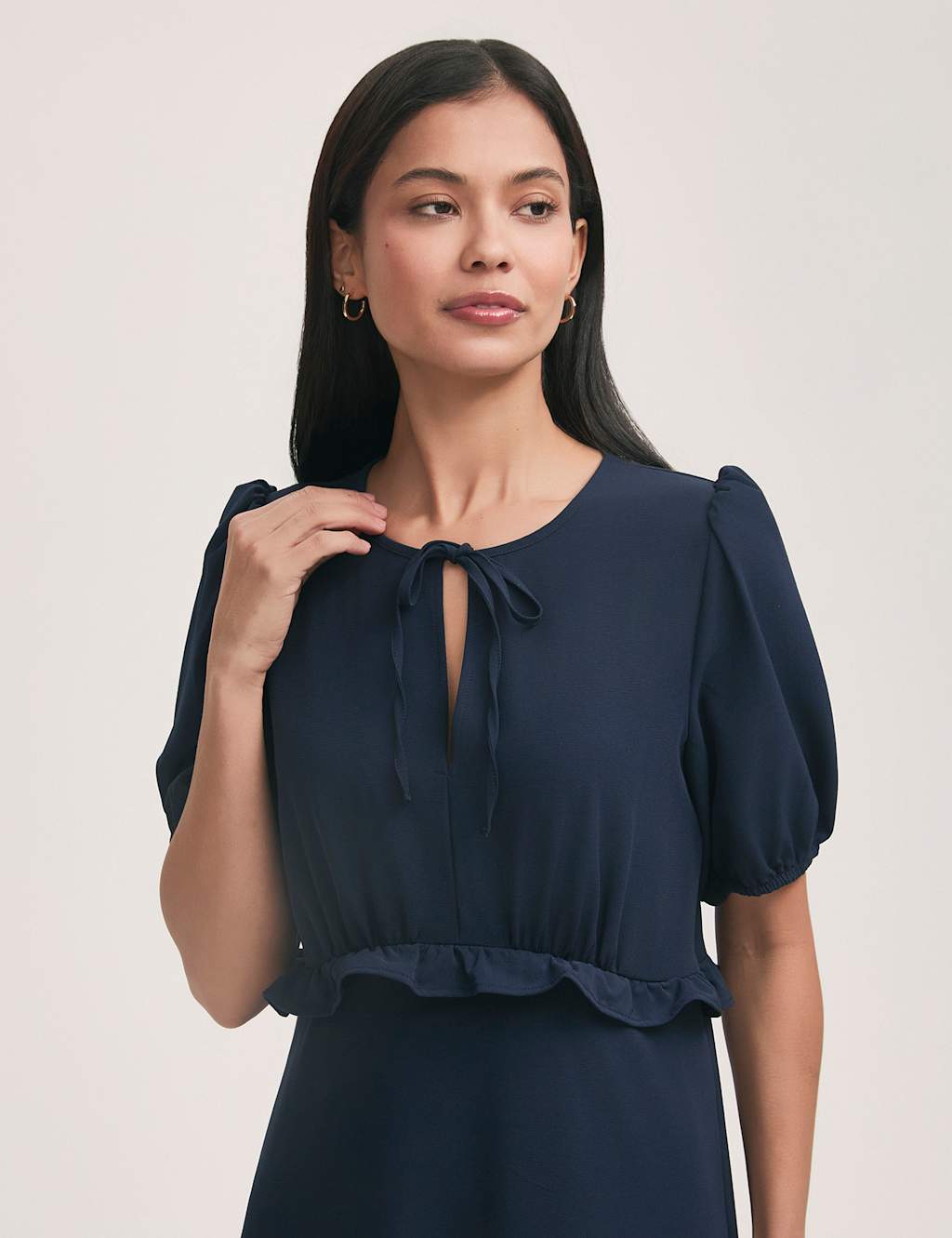 Crepe Tie Neck Frill Detail Midi Tea Dress 4 of 5