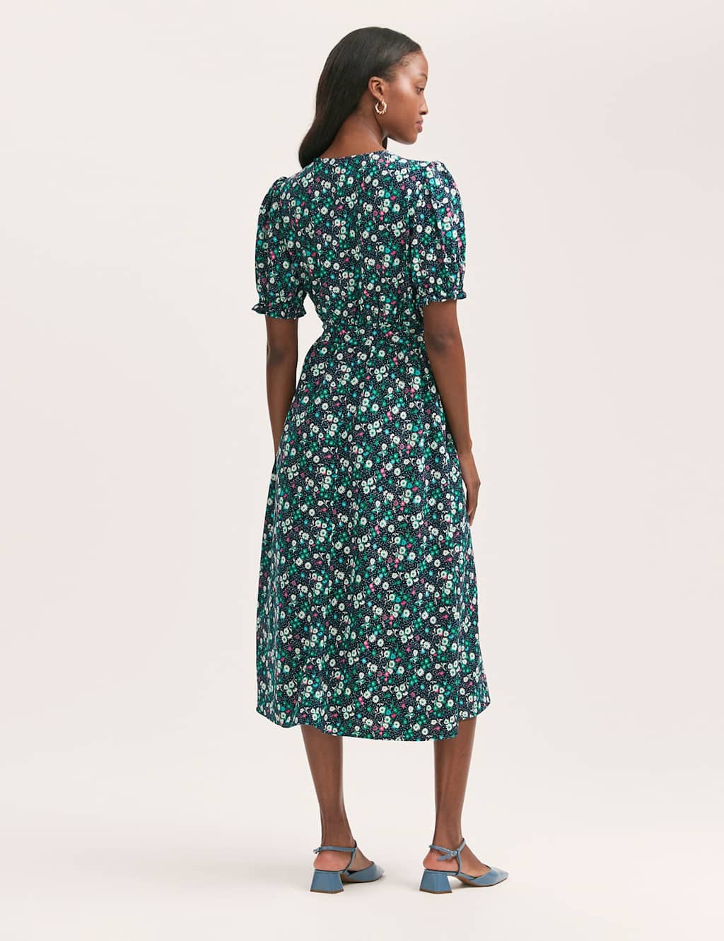 Crepe Floral V-Neck Belted Midi Tea Dress 2 of 4