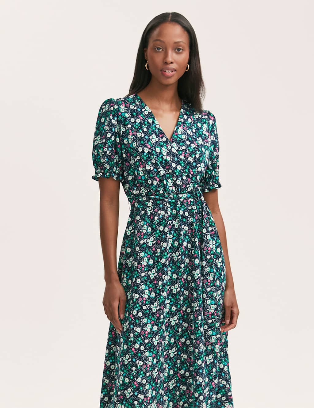 Crepe Floral V-Neck Belted Midi Tea Dress 3 of 4