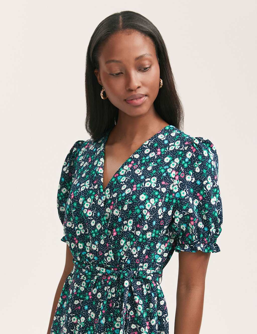Crepe Floral V-Neck Belted Midi Tea Dress 4 of 4