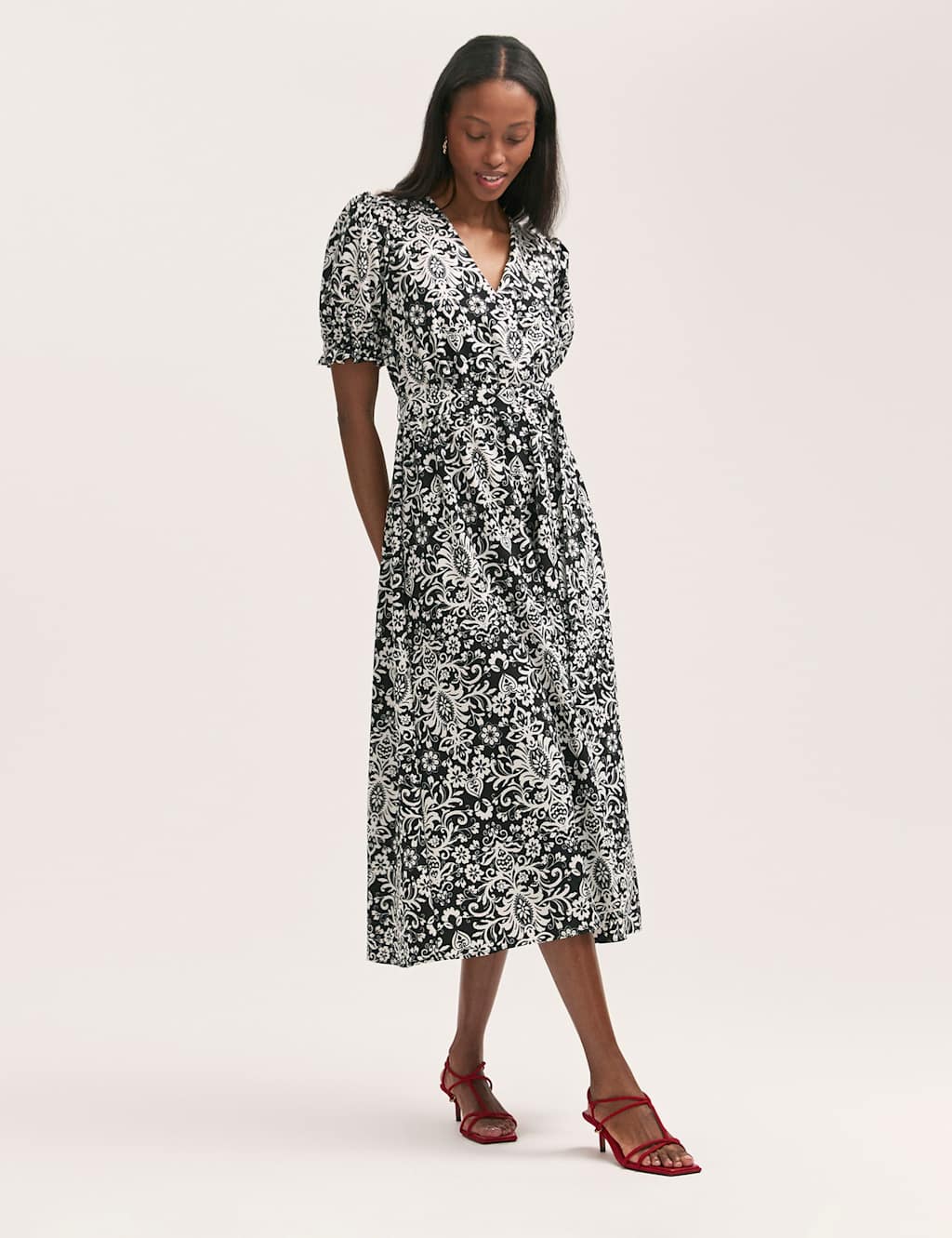 Crepe Printed V-Neck Belted Midi Tea Dress 1 of 4