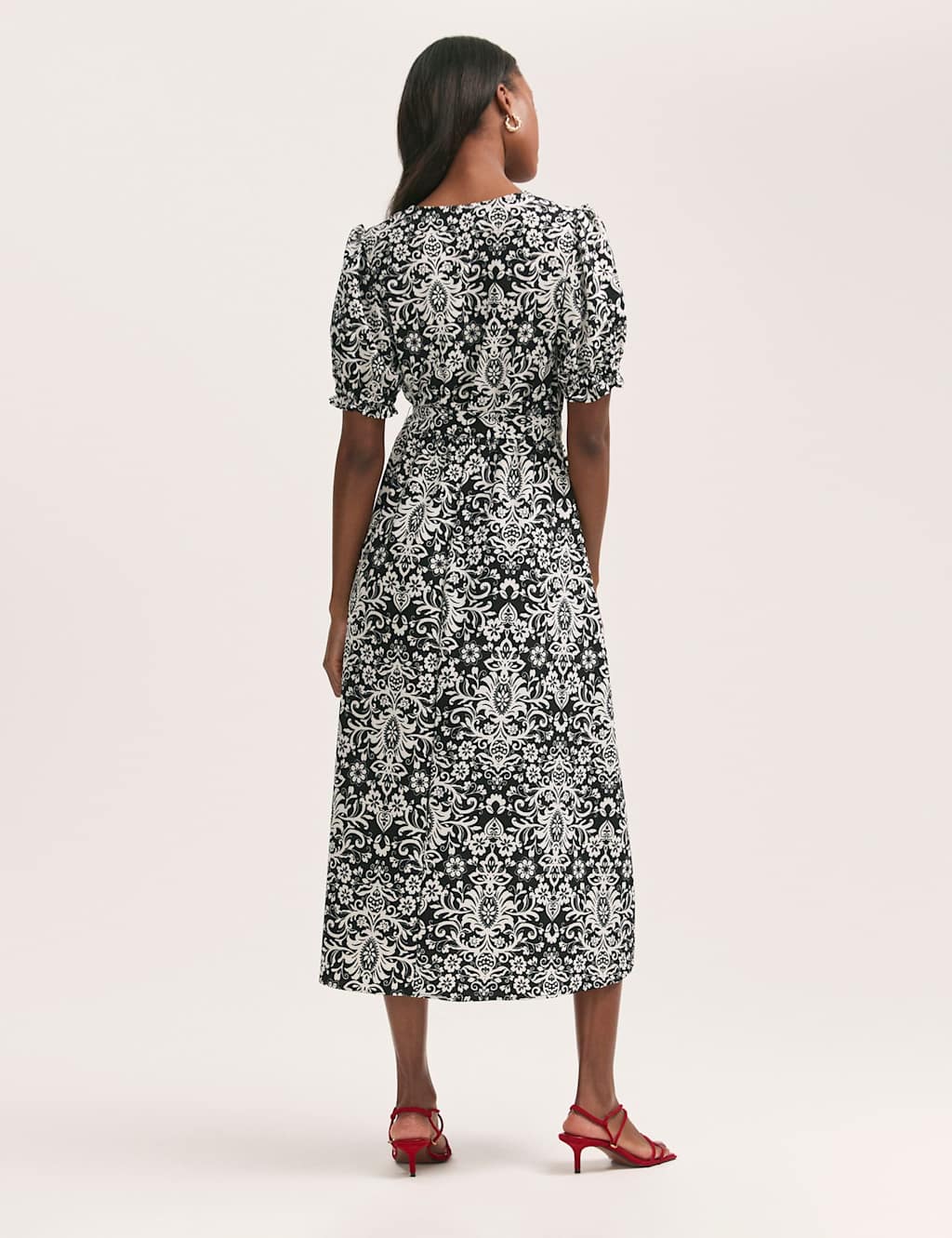 Crepe Printed V-Neck Belted Midi Tea Dress 2 of 4