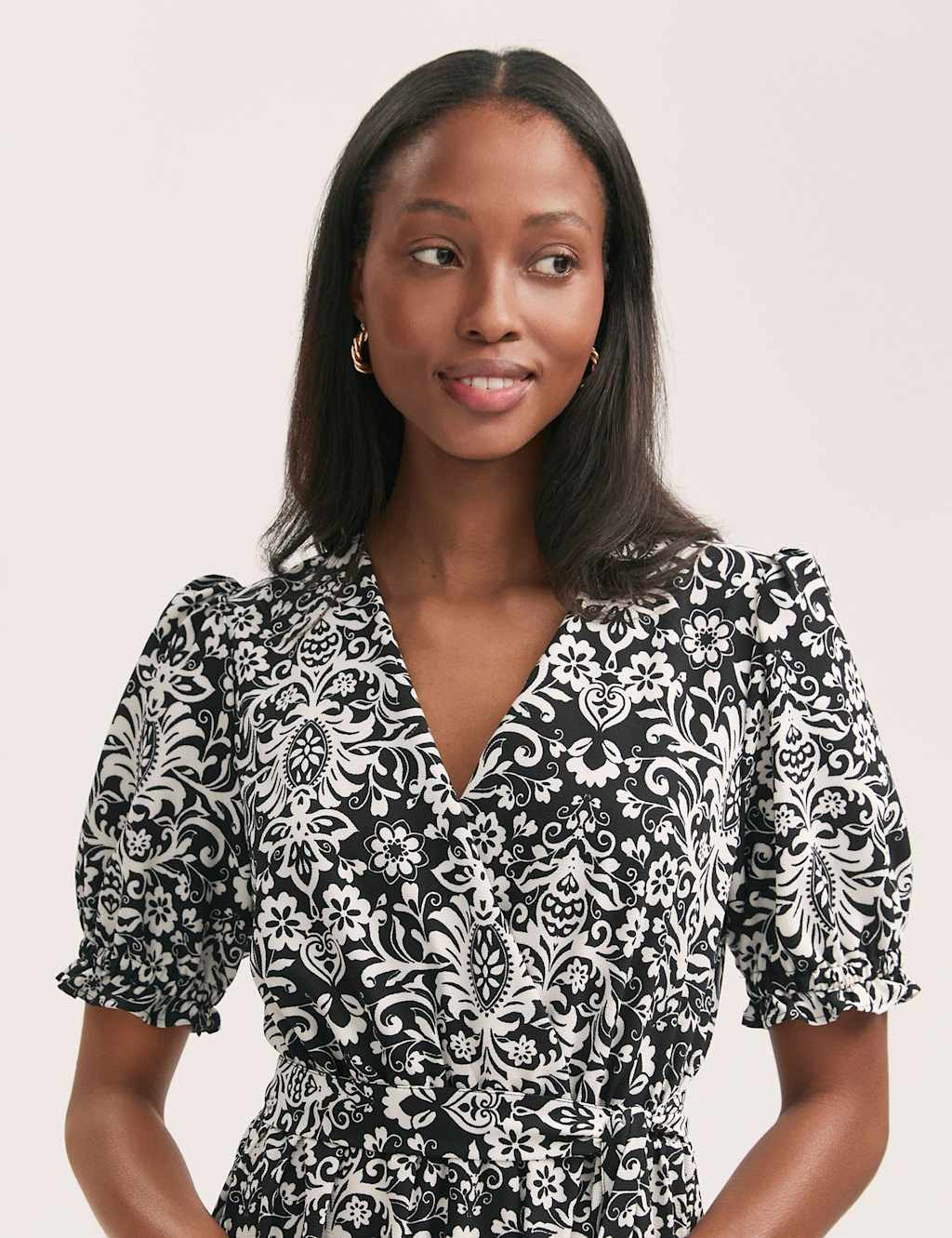 Crepe Printed V-Neck Belted Midi Tea Dress 4 of 4