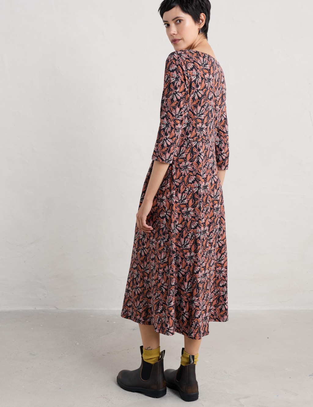 Cotton Rich Floral Empire Line Midi Waisted Dress