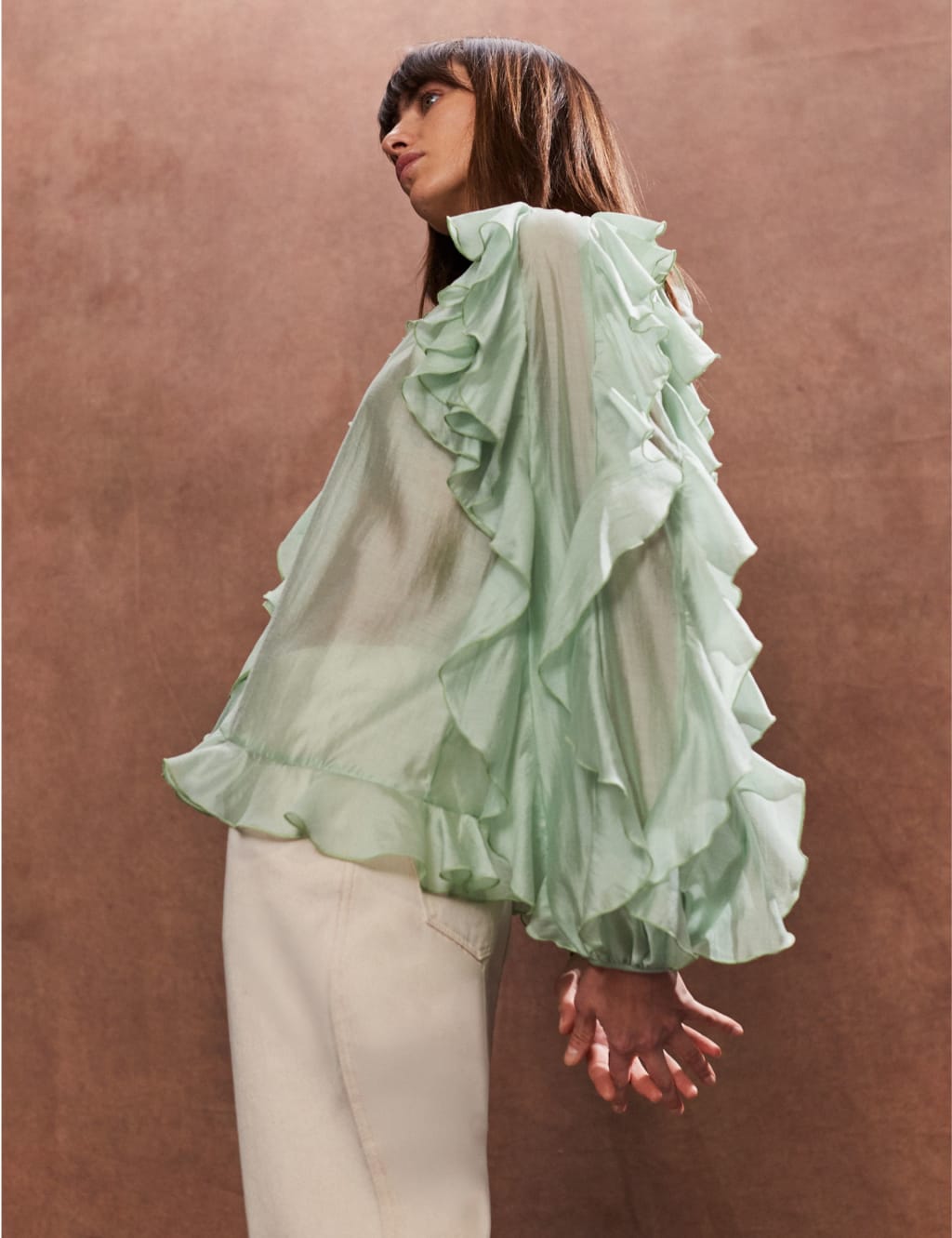 Lyocell Rich Tie Neck Ruffle Sleeve Blouse 2 of 5