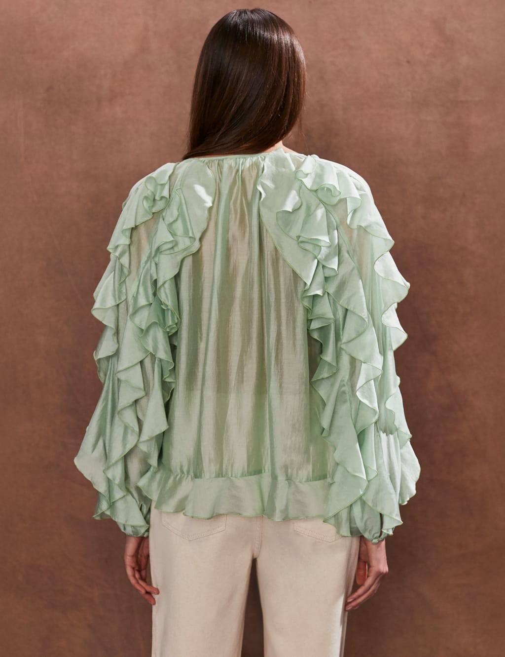 Lyocell Rich Tie Neck Ruffle Sleeve Blouse 3 of 5