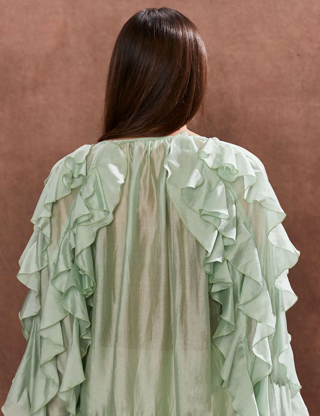 Lyocell Rich Tie Neck Ruffle Sleeve Blouse 5 of 5