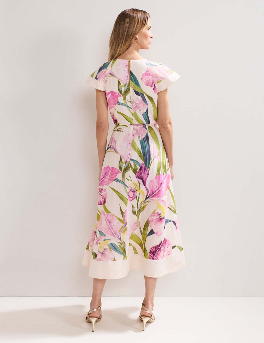 Linen Rich Floral V-Neck Ruffle Midi Waisted Dress 3 of 7