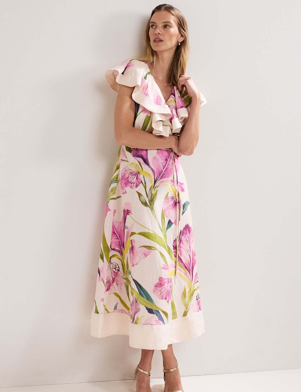 Linen Rich Floral V-Neck Ruffle Midi Waisted Dress 6 of 7