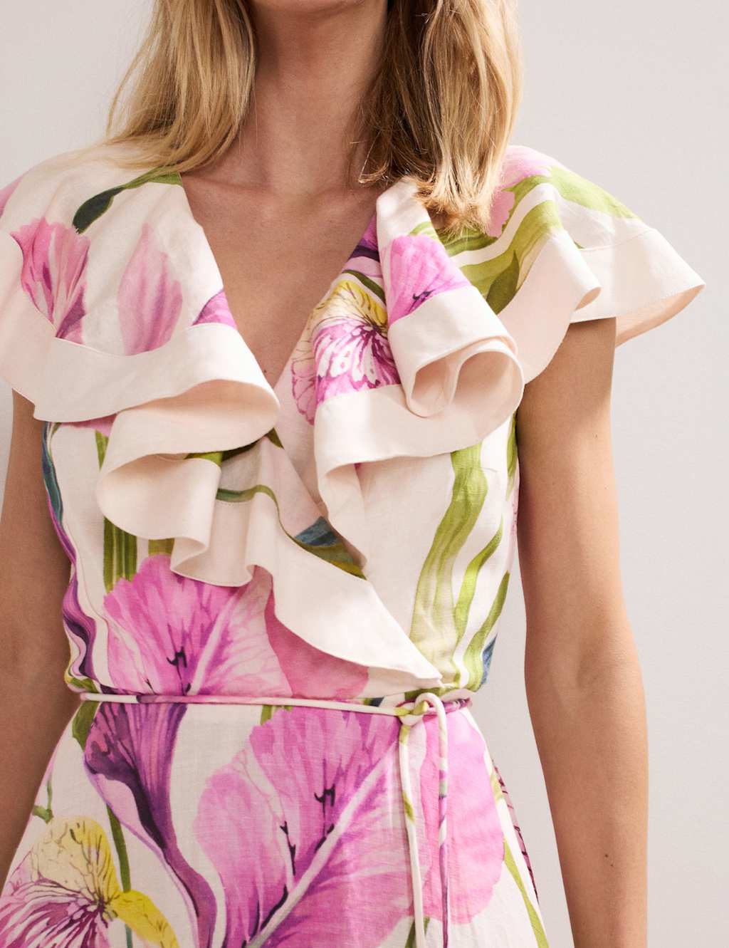 Linen Rich Floral V-Neck Ruffle Midi Waisted Dress 7 of 7