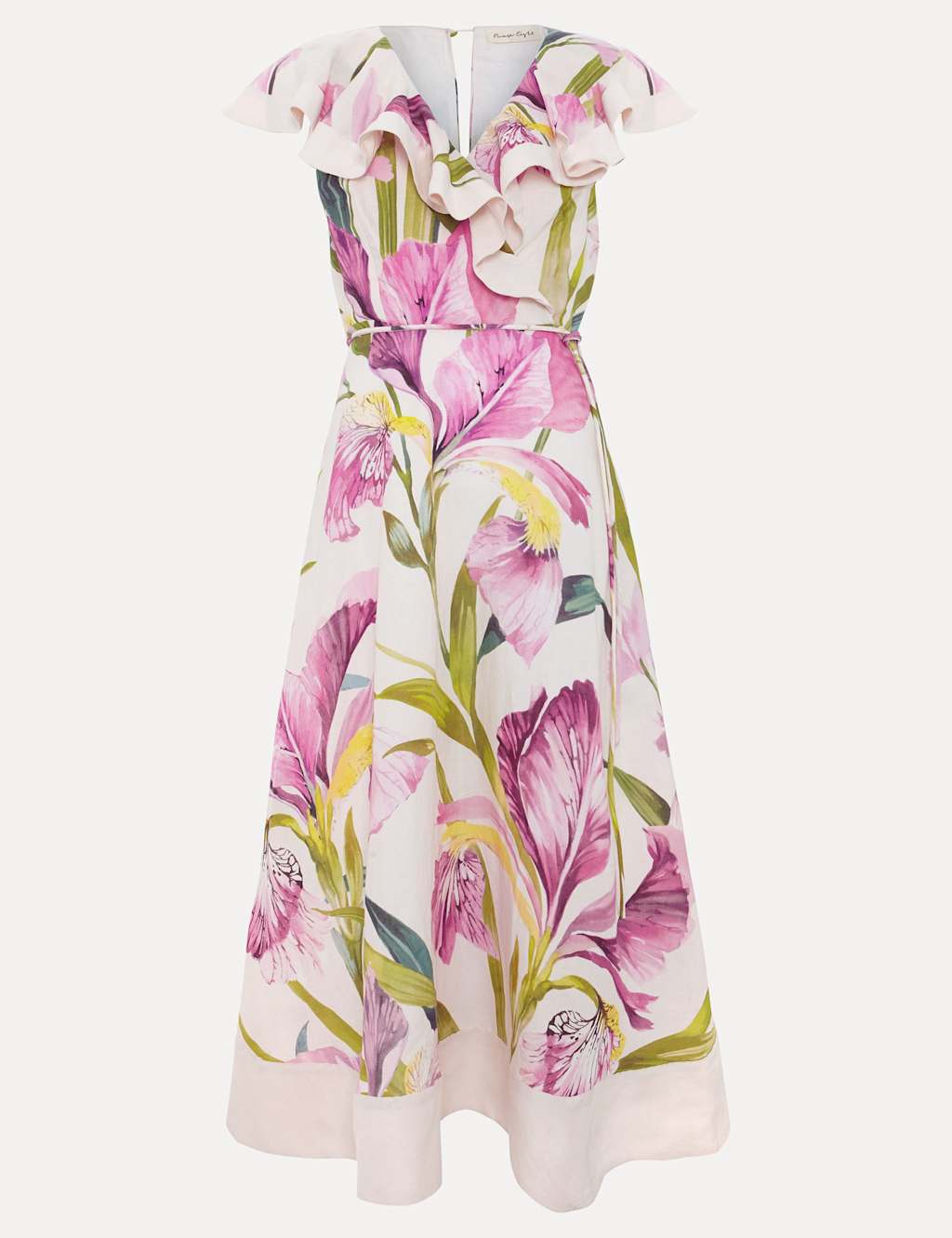 Linen Rich Floral V-Neck Ruffle Midi Waisted Dress 2 of 7