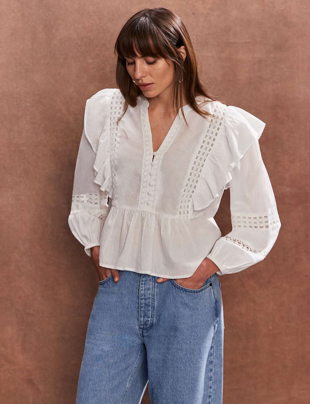 Pure Cotton V-Neck Broderie Ruffle Blouse 2 of 4