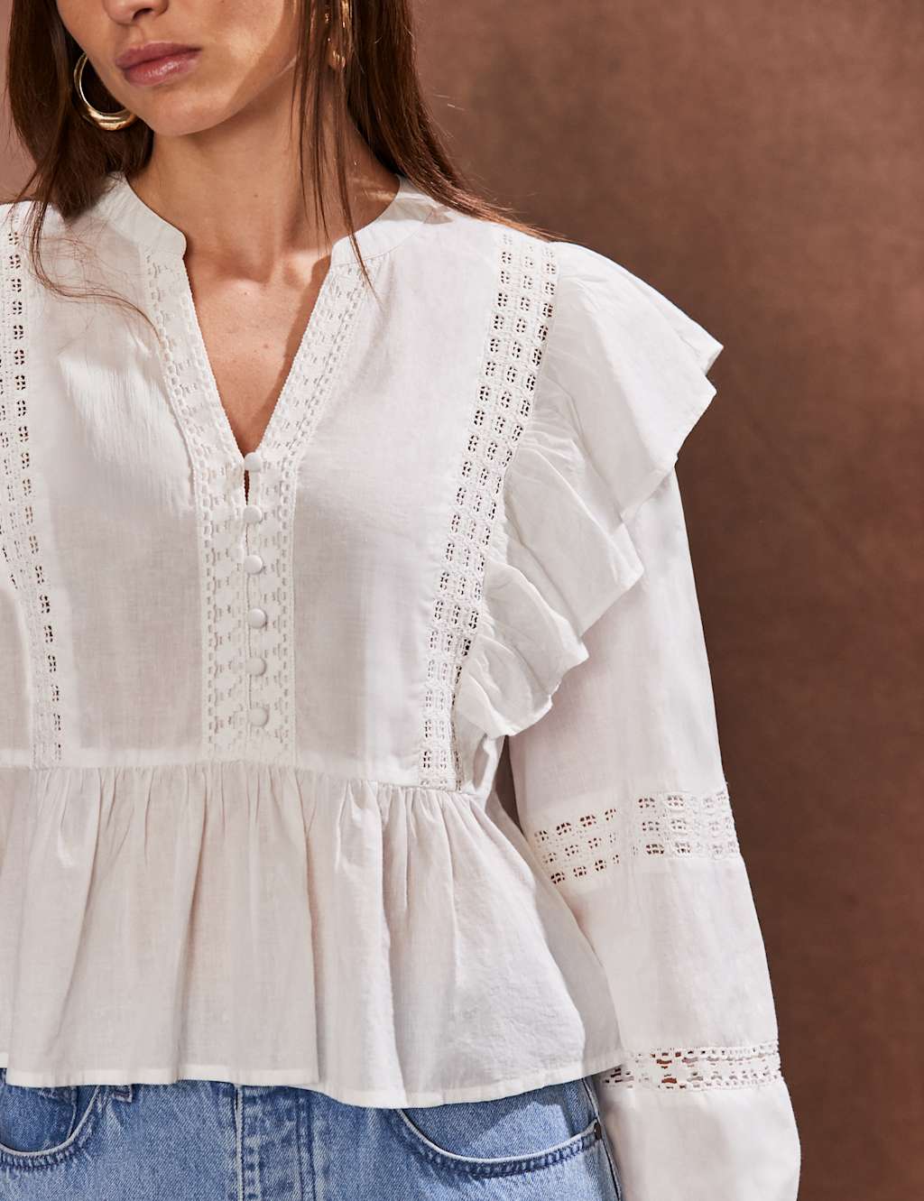 Pure Cotton V-Neck Broderie Ruffle Blouse 4 of 4