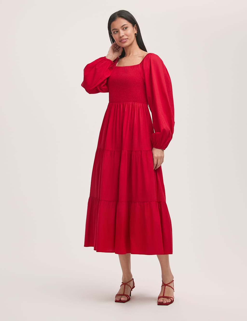 Pure Cotton Square Neck Midi Tiered Dress 1 of 4