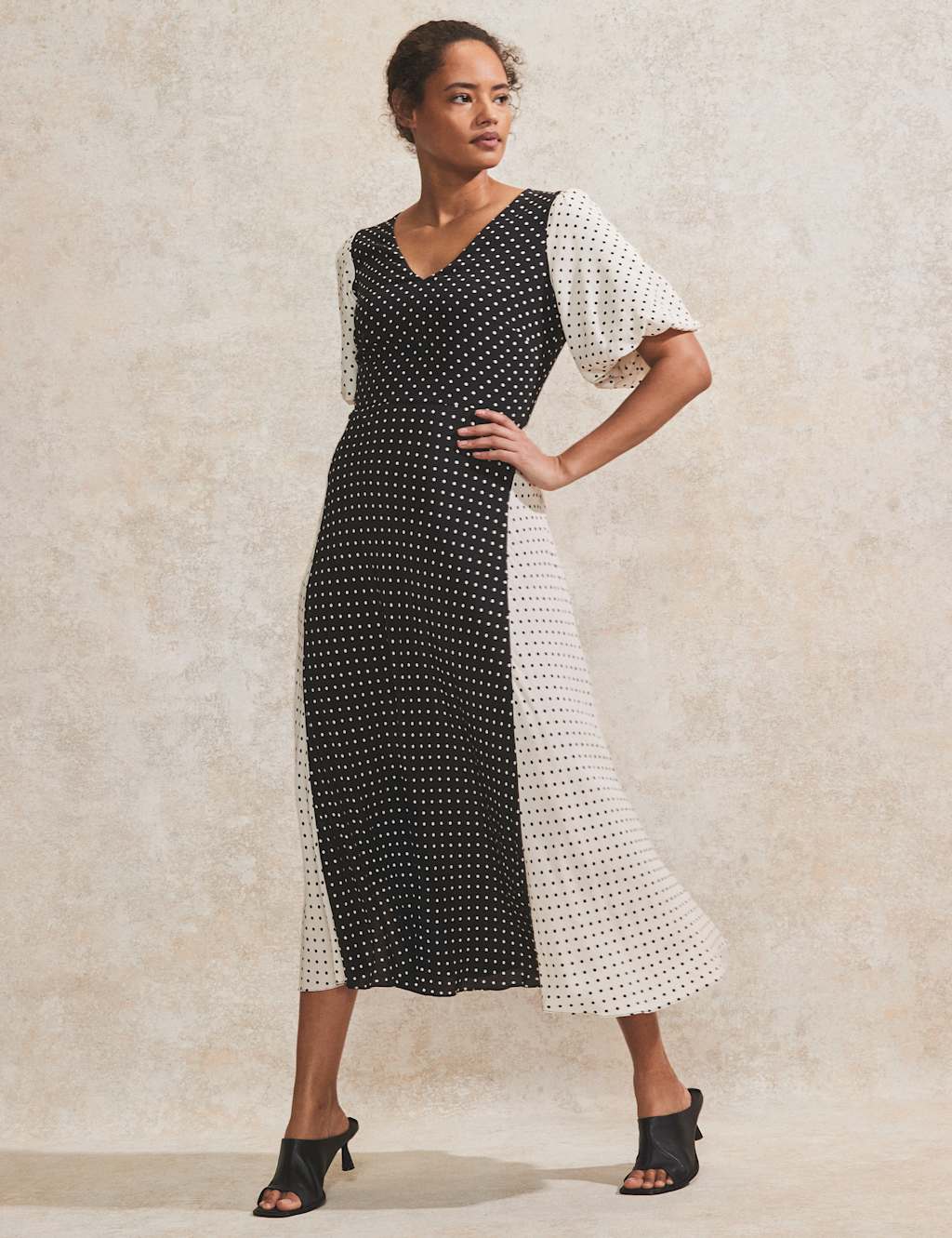 Spot Print V-Neck Midi Tea Dress 2 of 4
