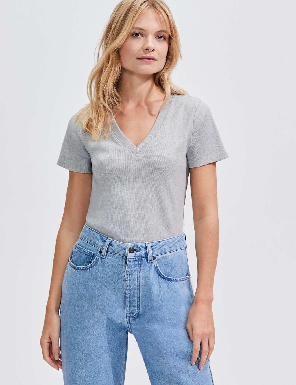Cotton Rich Ribbed V-Neck T-Shirt 1 of 4