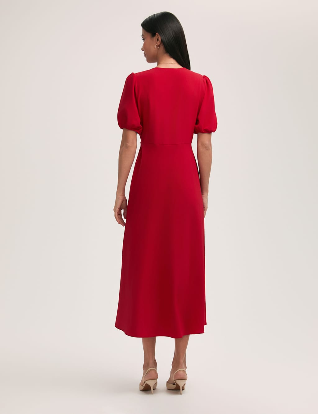 Crepe V-Neck Puff Sleeve Midi Tea Dress 2 of 4