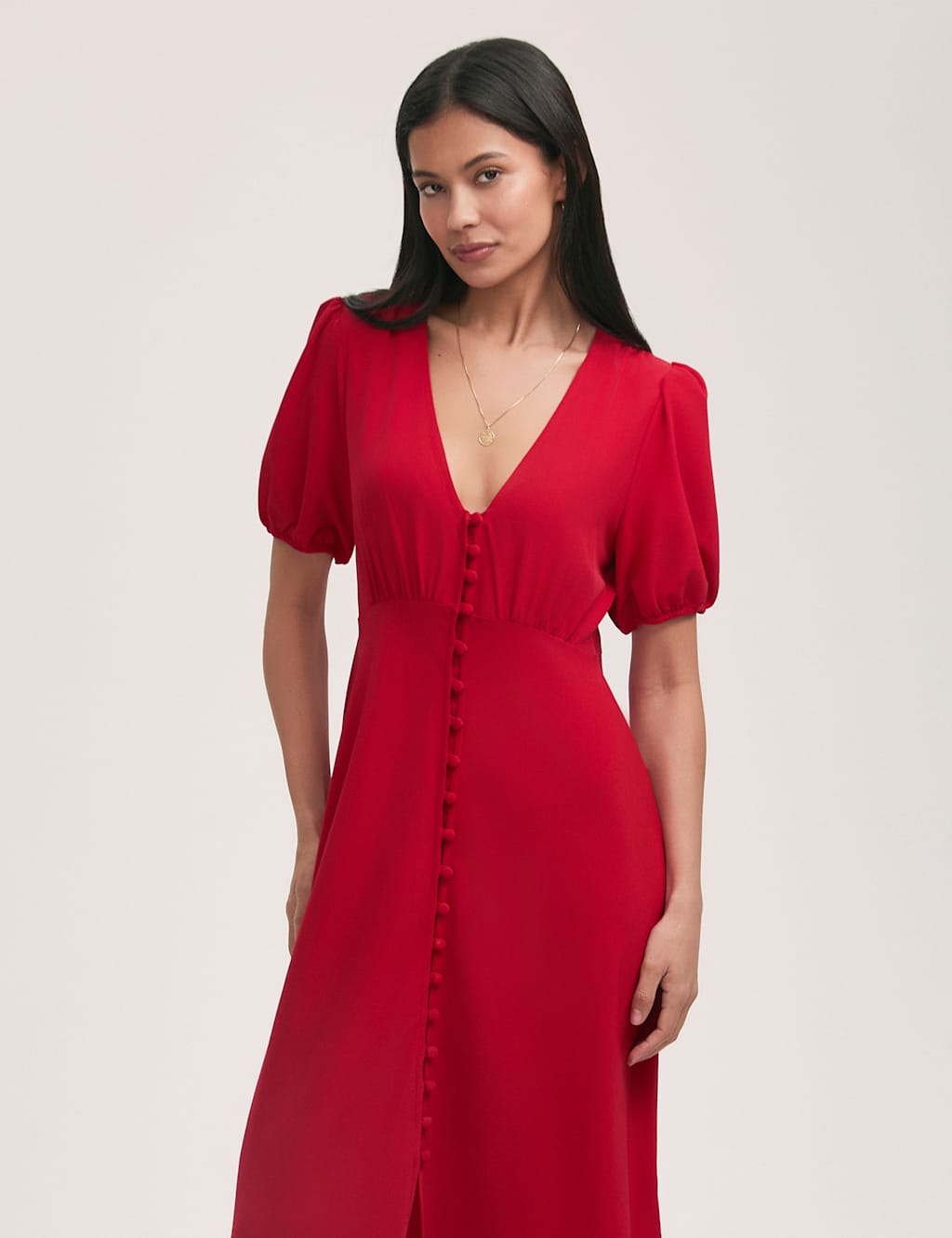 Crepe V-Neck Puff Sleeve Midi Tea Dress 3 of 4