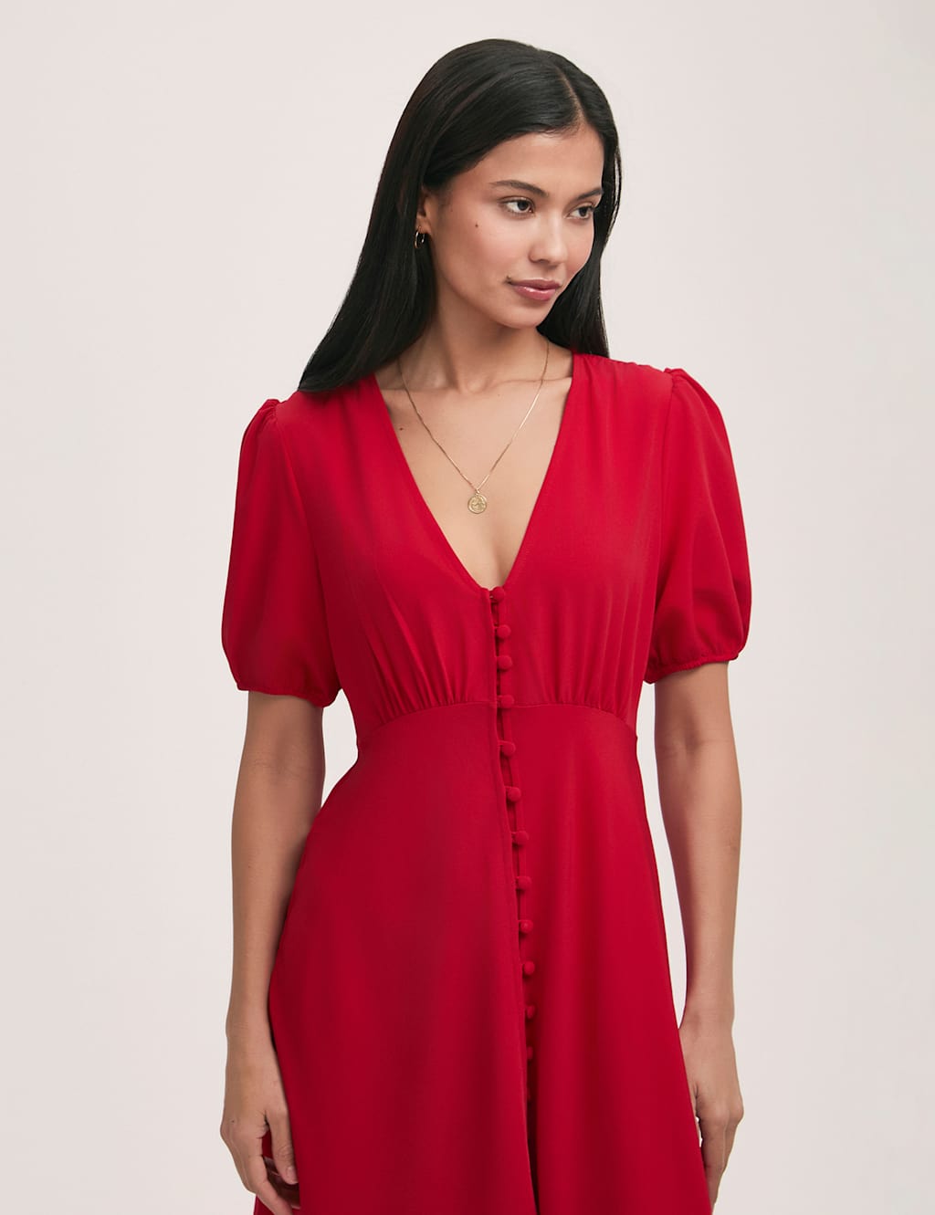 Crepe V-Neck Puff Sleeve Midi Tea Dress 4 of 4
