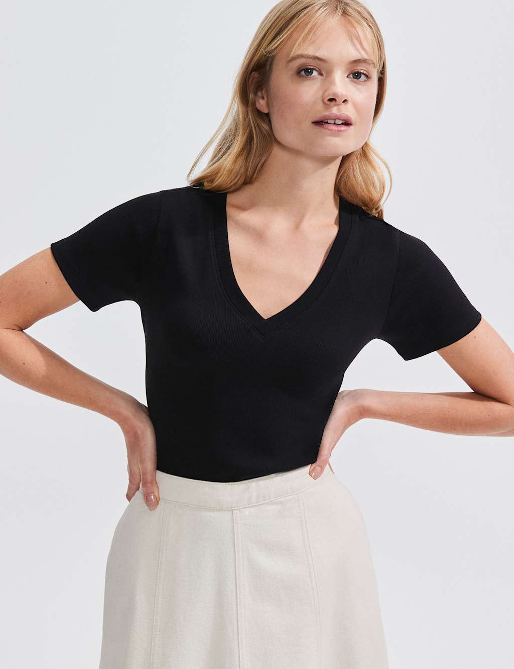 Cotton Rich Ribbed V-Neck T-Shirt 2 of 4