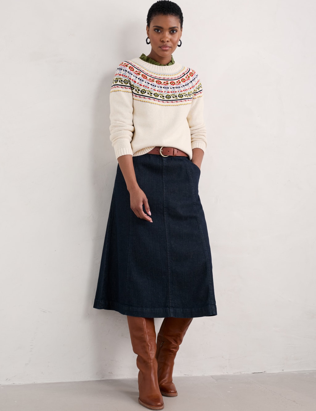 Cotton Rich Denim Midi A-Line Skirt 1 of 5
