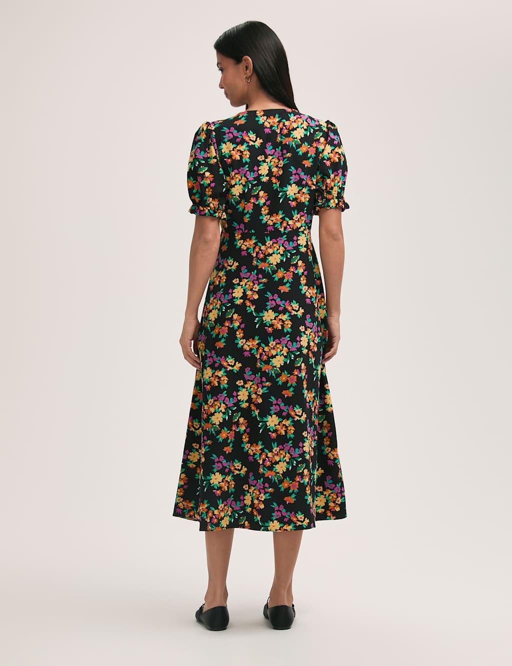 Crepe Floral V-Neck Midi Tea Dress 2 of 4