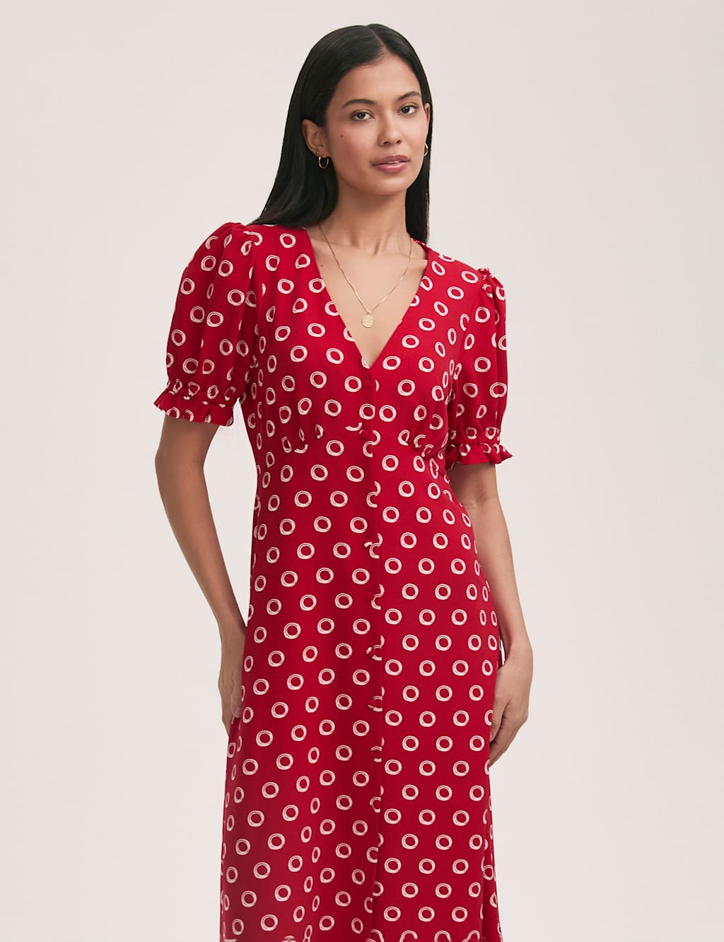 Crepe Polka Dot V-Neck Midi Tea Dress 3 of 4