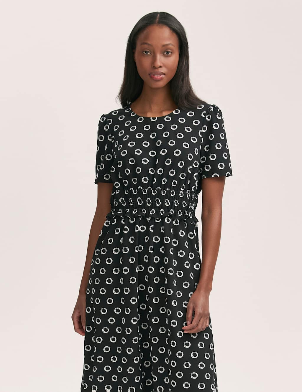 Crepe Polka Dot Midi Waisted Tea Dress 3 of 4
