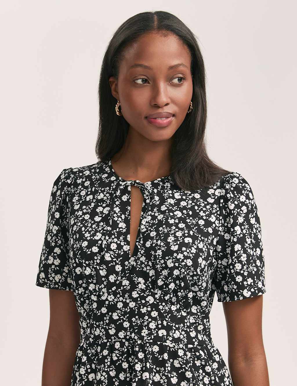 Crepe Floral Tie Neck Midi Tiered Tea Dress 4 of 4