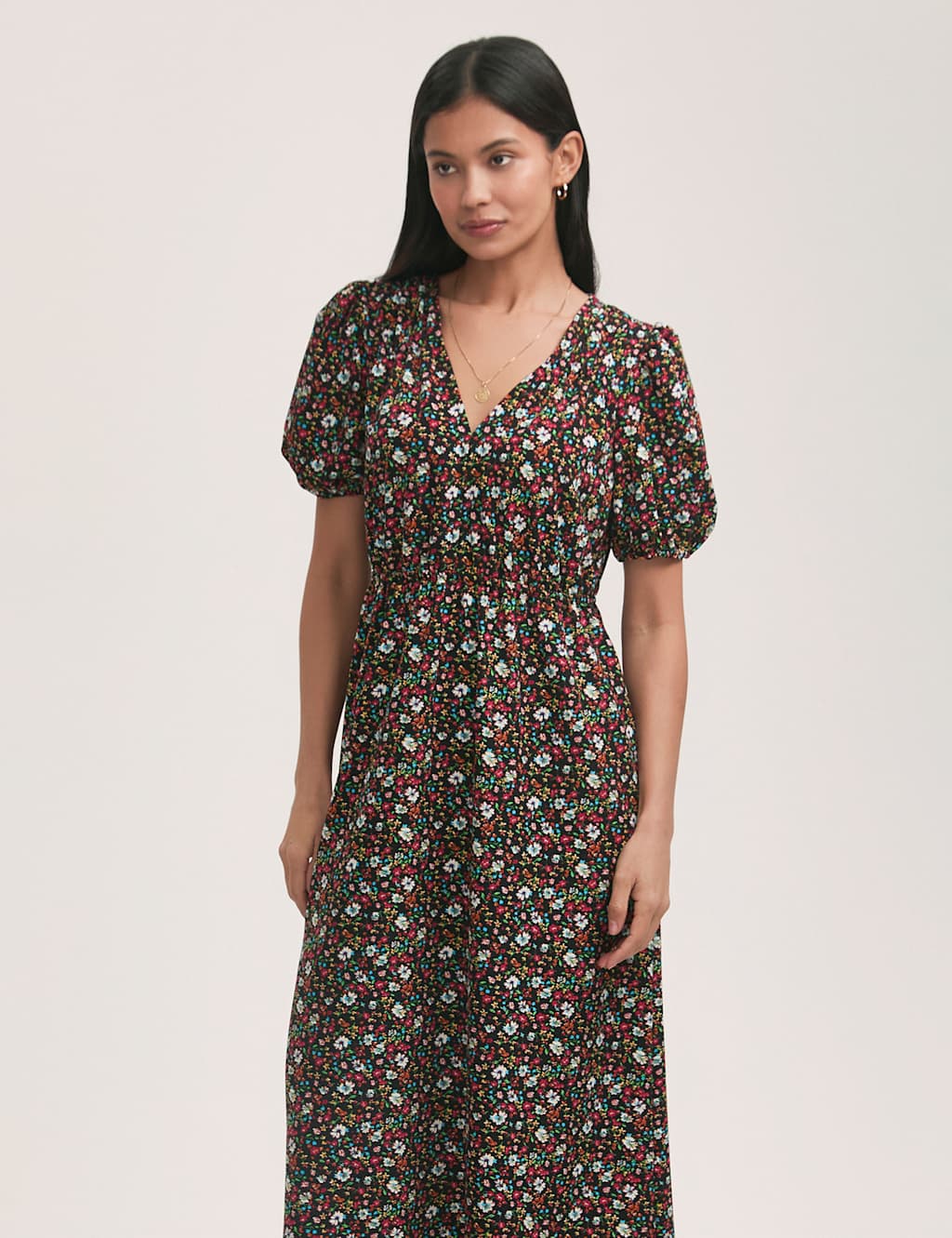 Crepe Ditsy Floral V-Neck Midi Tea Dress 3 of 4