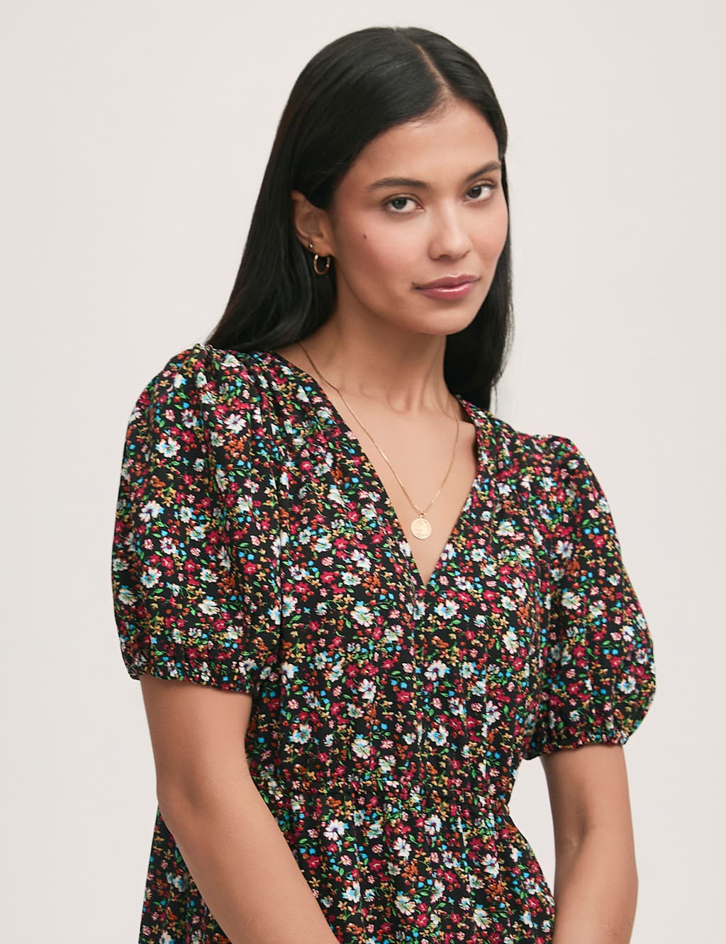 Crepe Ditsy Floral V-Neck Midi Tea Dress 4 of 4