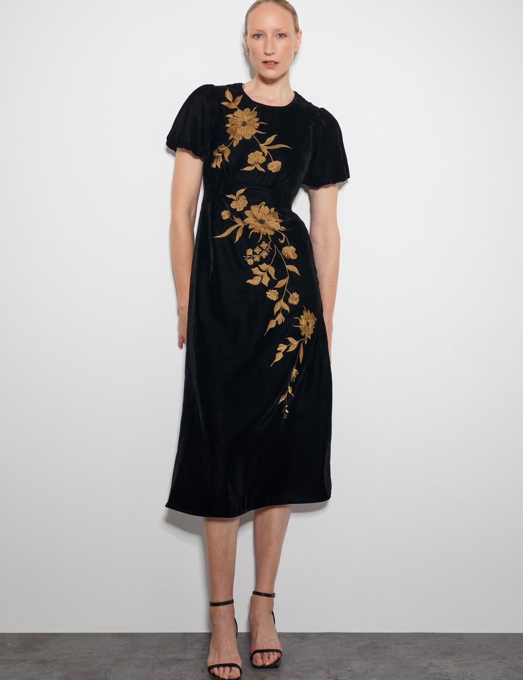 Velvet Embroidered Midi Waisted Dress 1 of 5