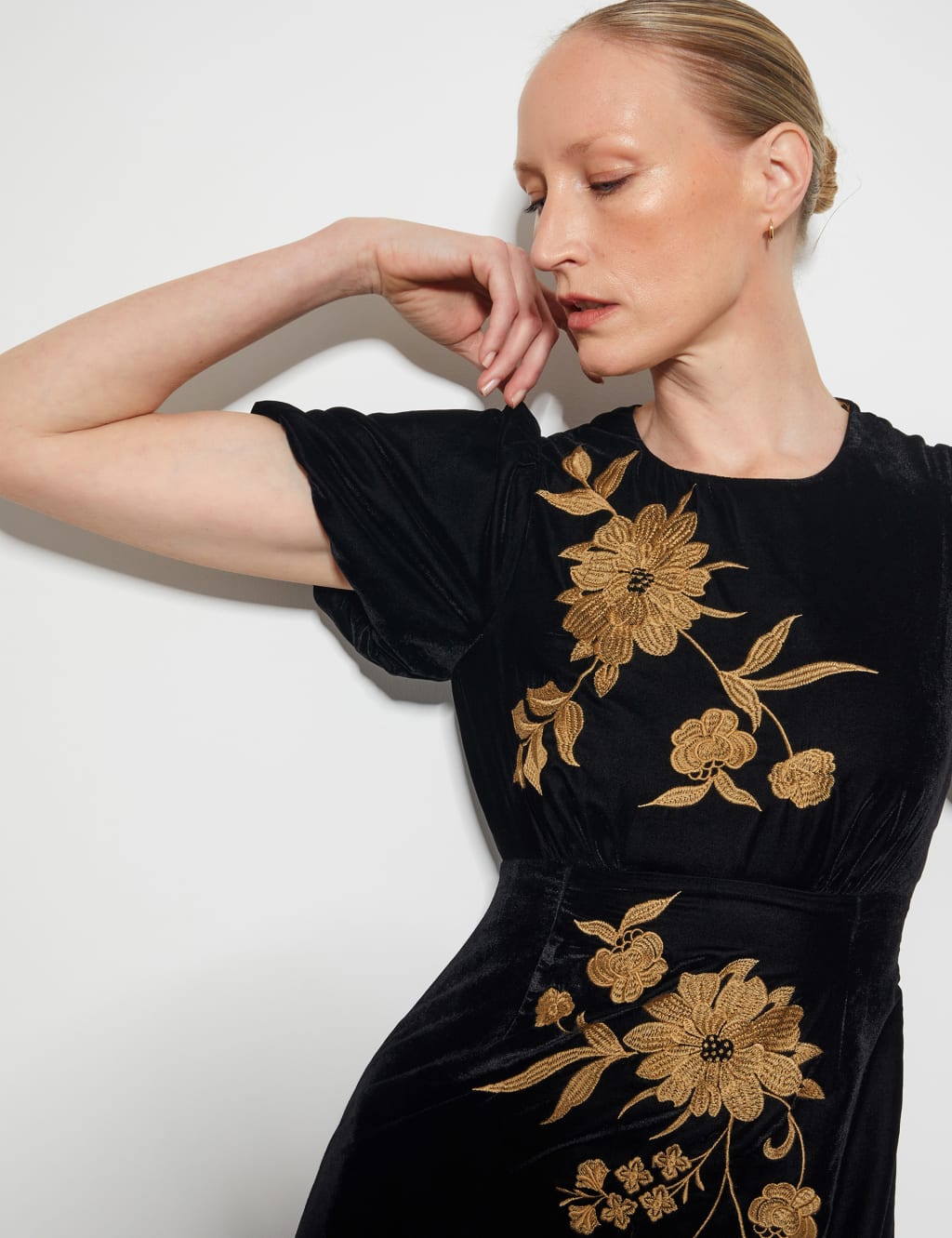 Velvet Embroidered Midi Waisted Dress 4 of 5
