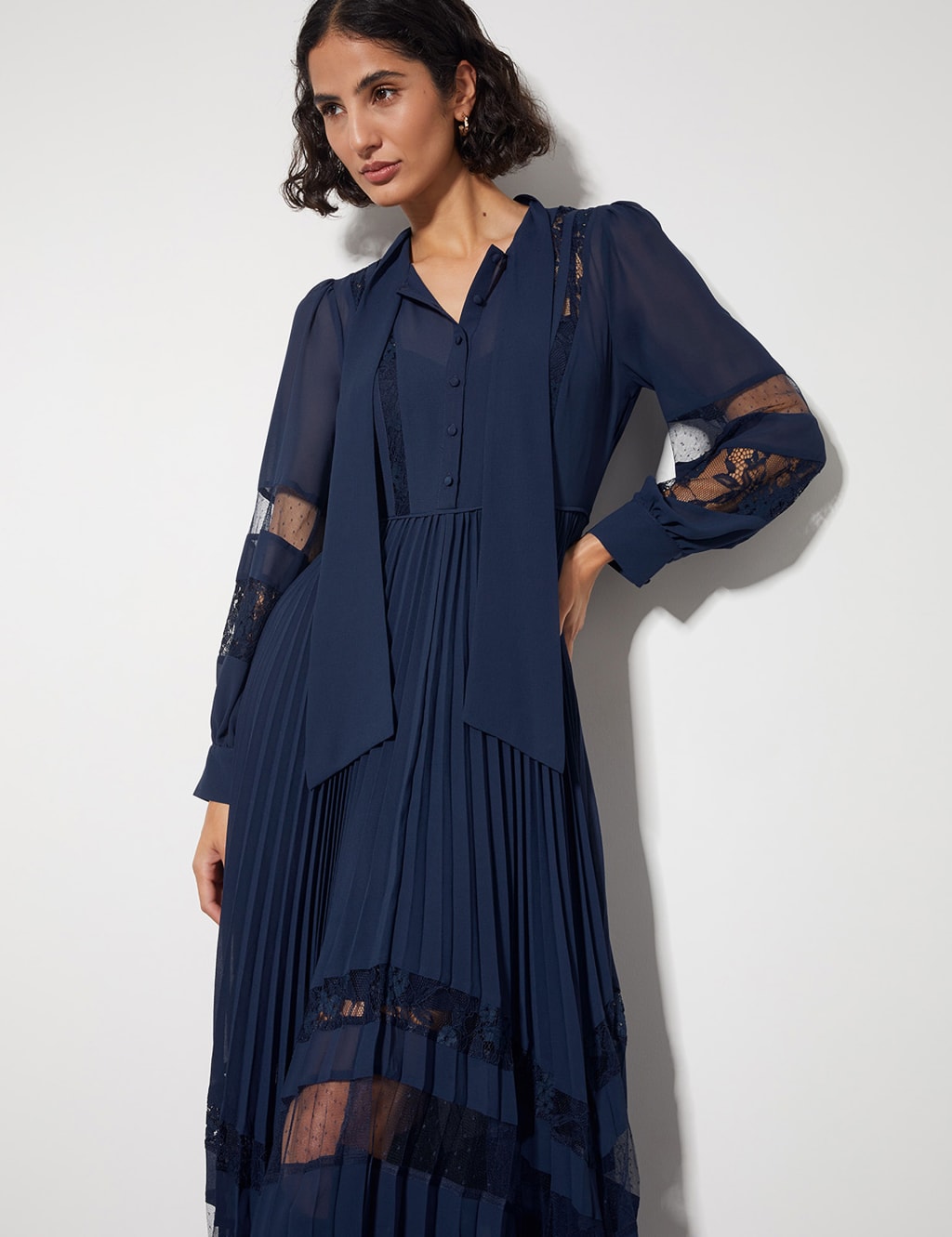 Lace Insert Pleated Midi Shirt Dress 2 of 4