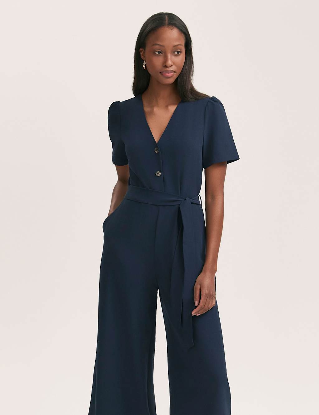 Crepe Button Front Short Sleeve Jumpsuit 3 of 4