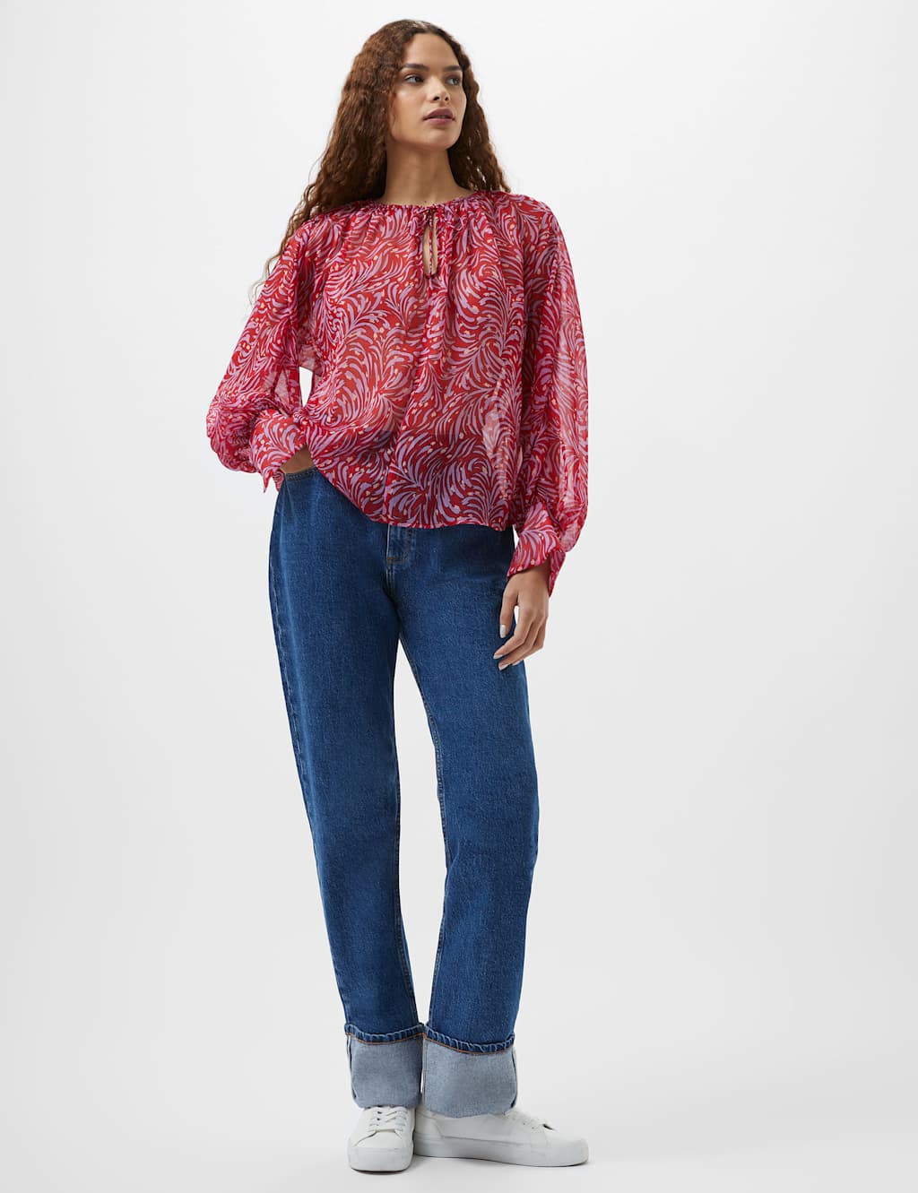 Printed Tie Neck Blouson Sleeve Blouse 3 of 3