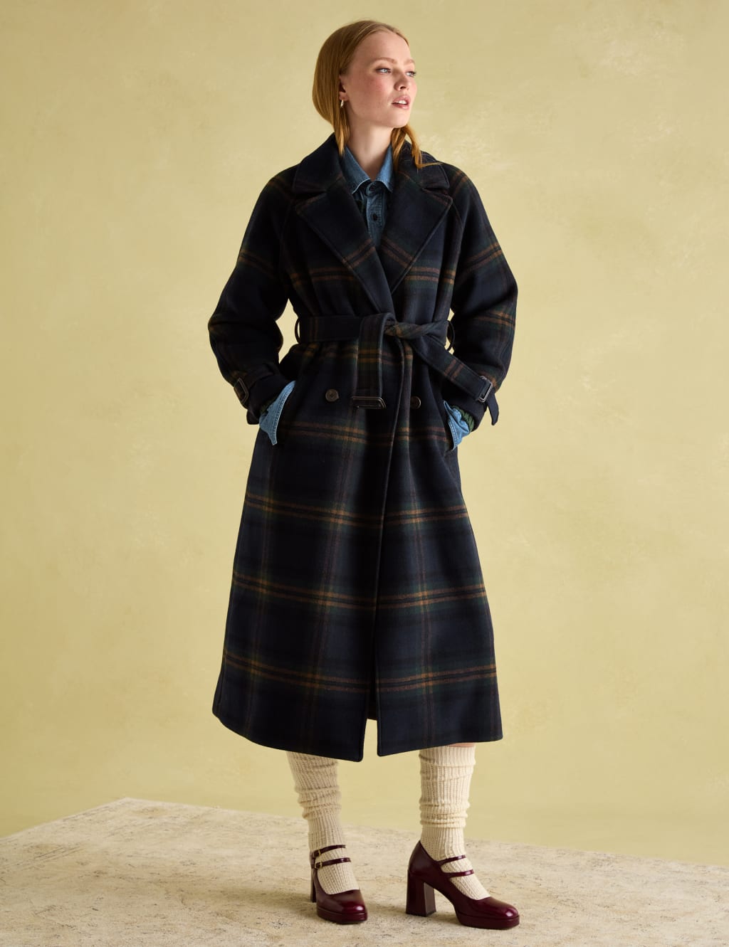 Wool Blend Checked Trench Style Coat