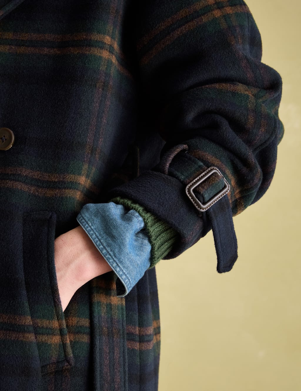 Wool Blend Checked Trench Style Coat 5 of 6