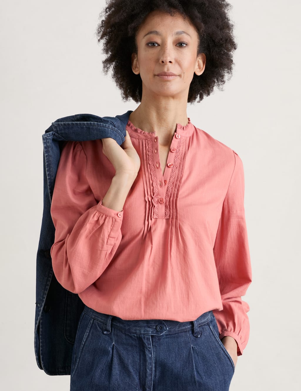 Cotton Rich Crew Neck Lace Detail Top 1 of 5