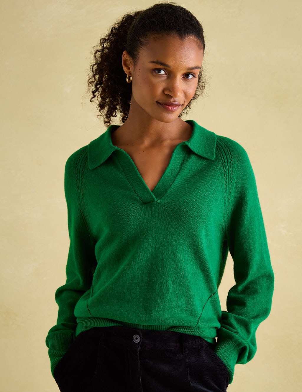 Pointelle Collared V Neck Jumper with Wool