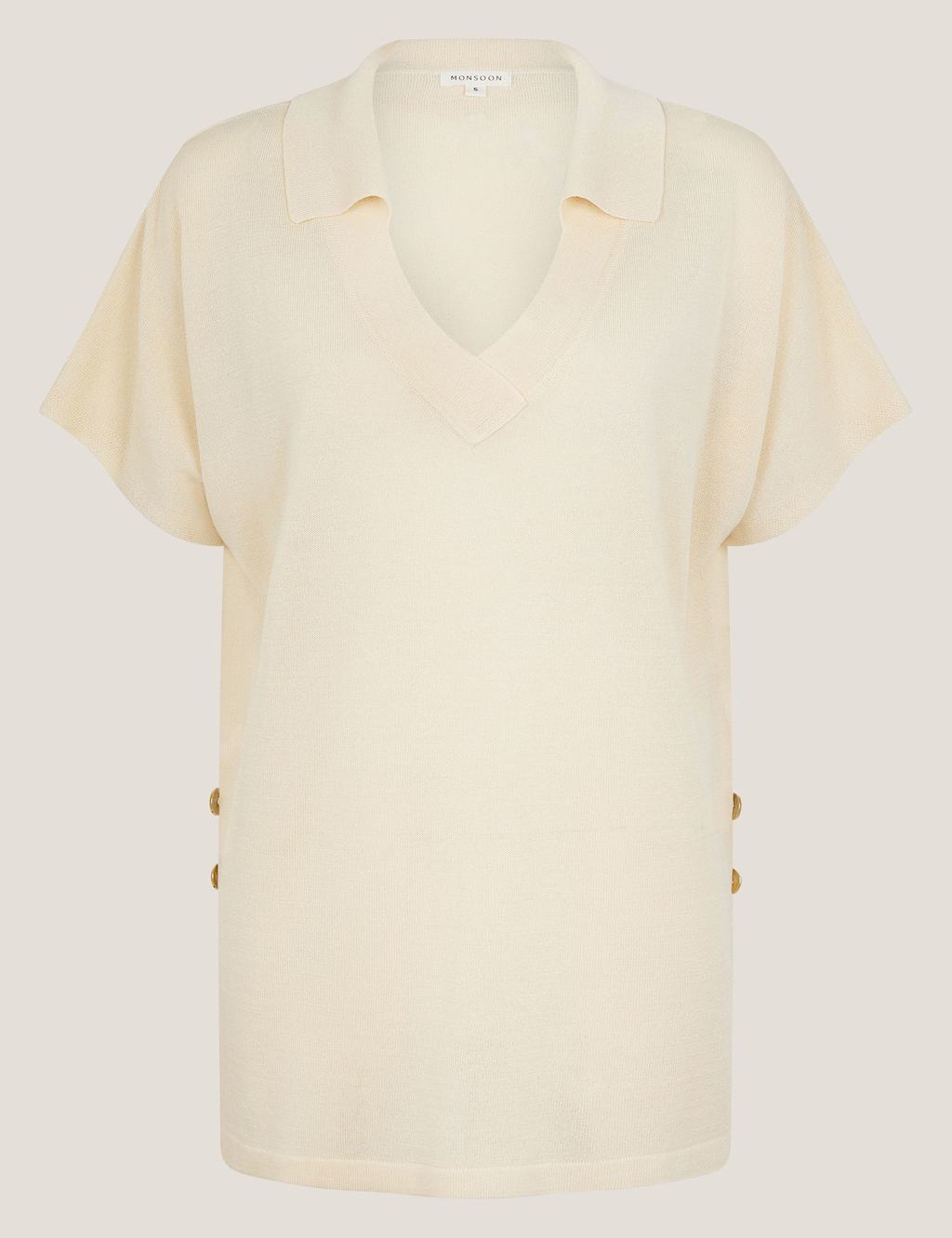 Knitted Collared V-Neck Top with Linen 2 of 5