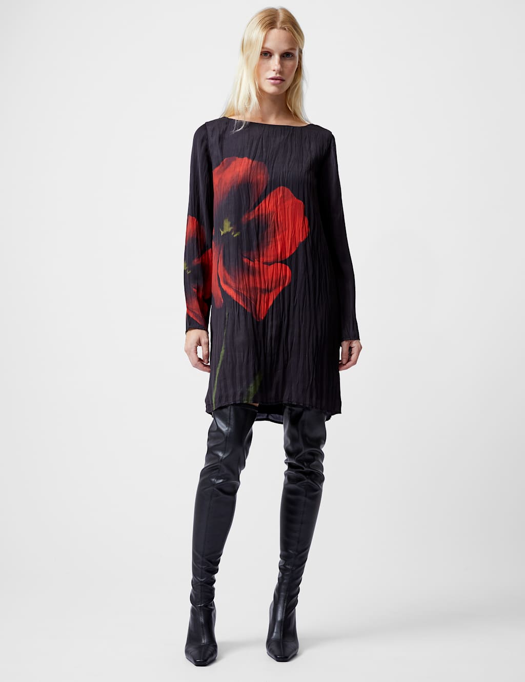 Satin Floral Slash Neck Mini Shift Dress 1 of 3