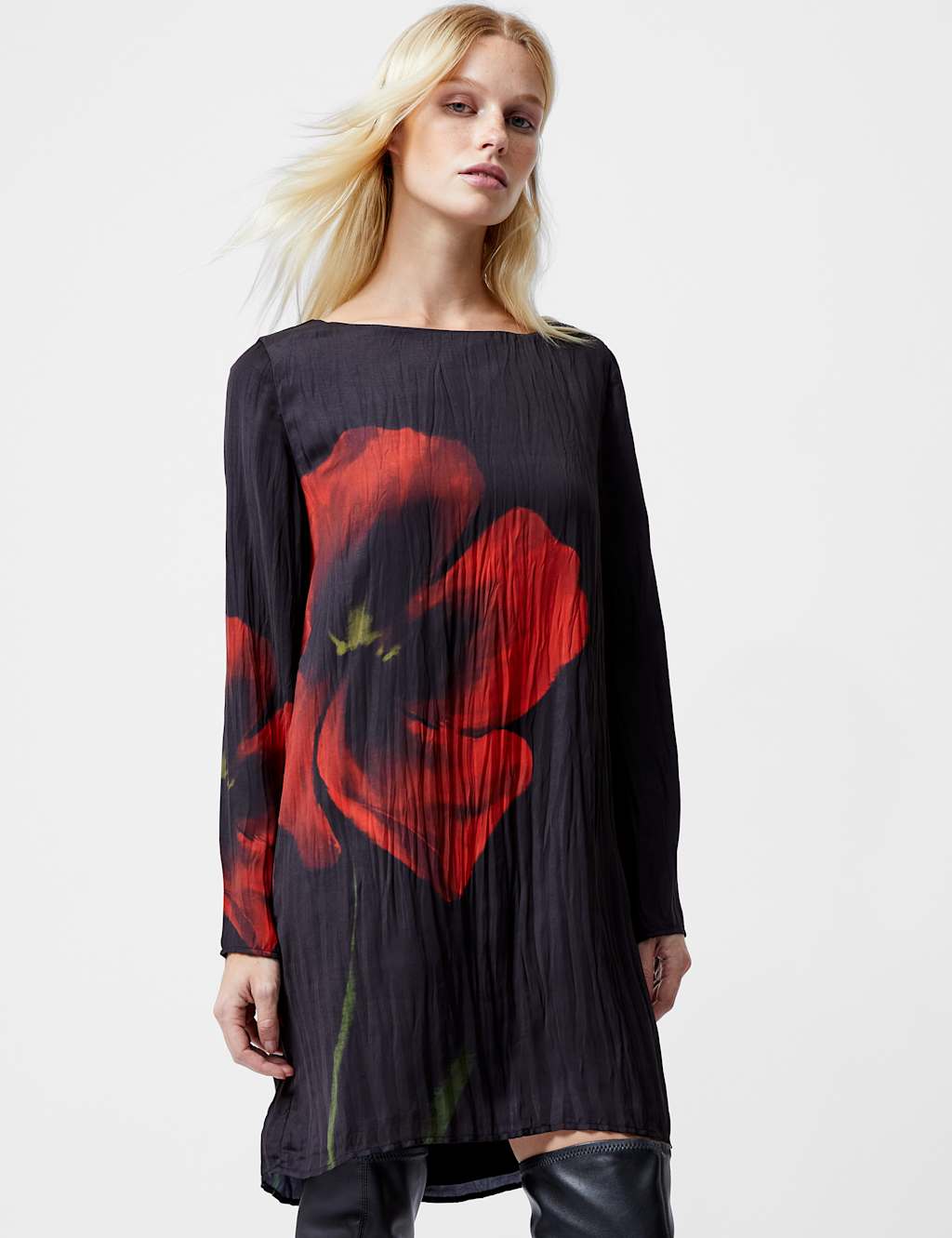 Satin Floral Slash Neck Mini Shift Dress 3 of 3