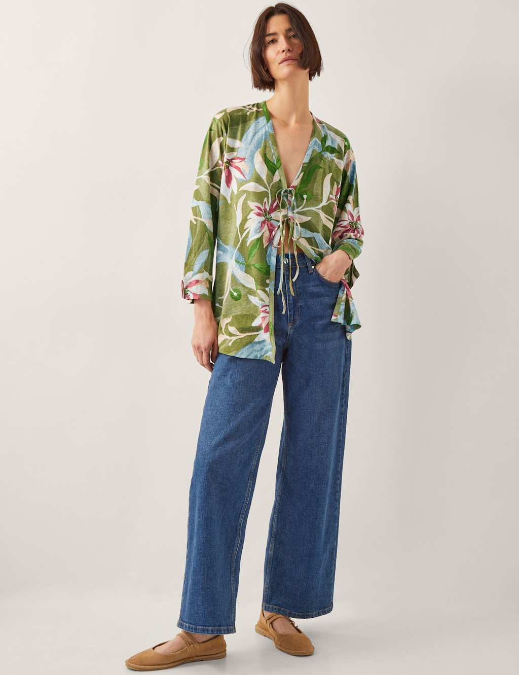 Linen Rich Floral Tie Front Shirt 3 of 5
