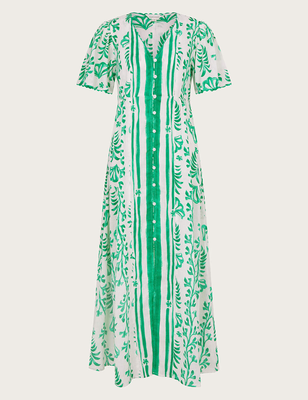 Linen Blend Printed Button Front Midi Tea Dress