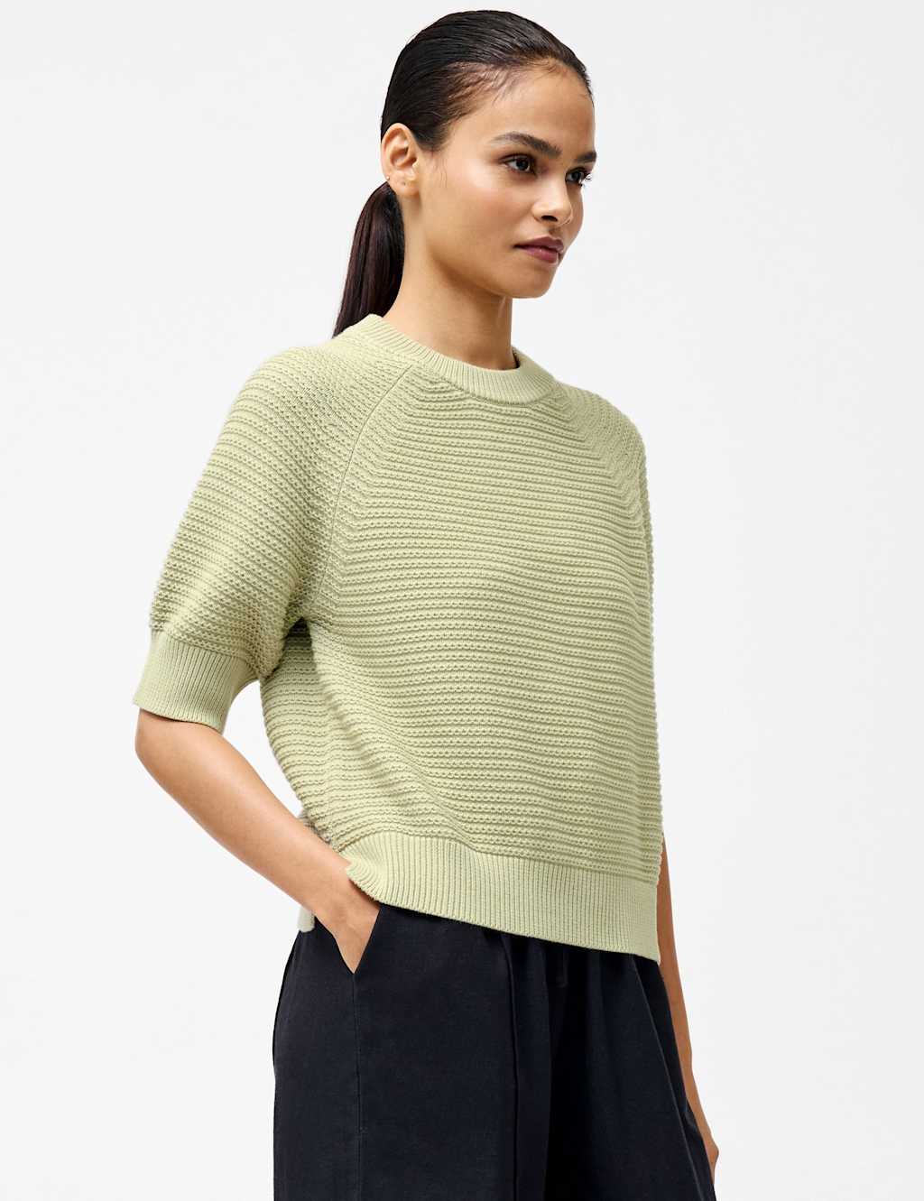 Pure Cotton Textured Crew Neck Jumper 1 of 3