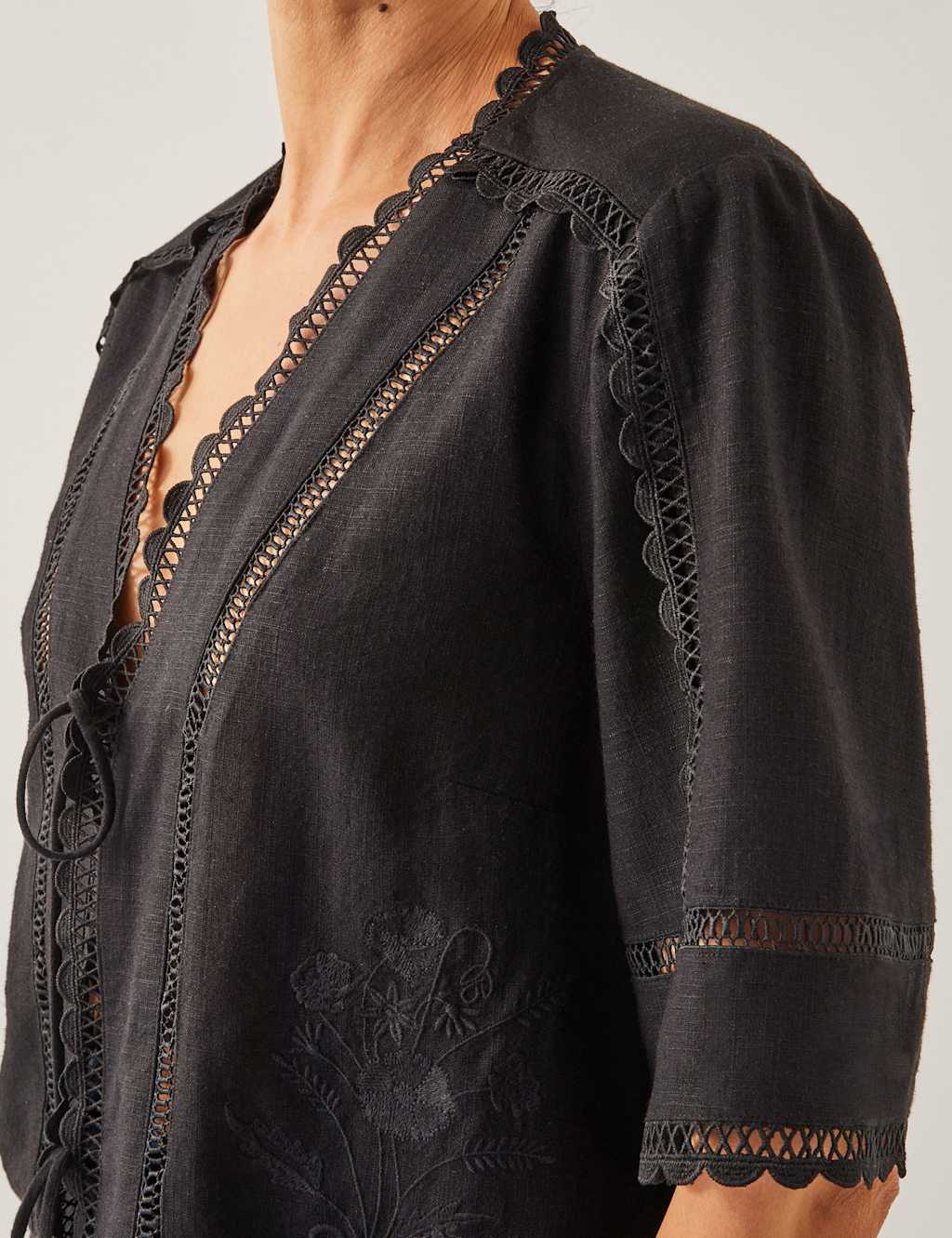 Broderie Tie Neck Blouse with Linen 2 of 4