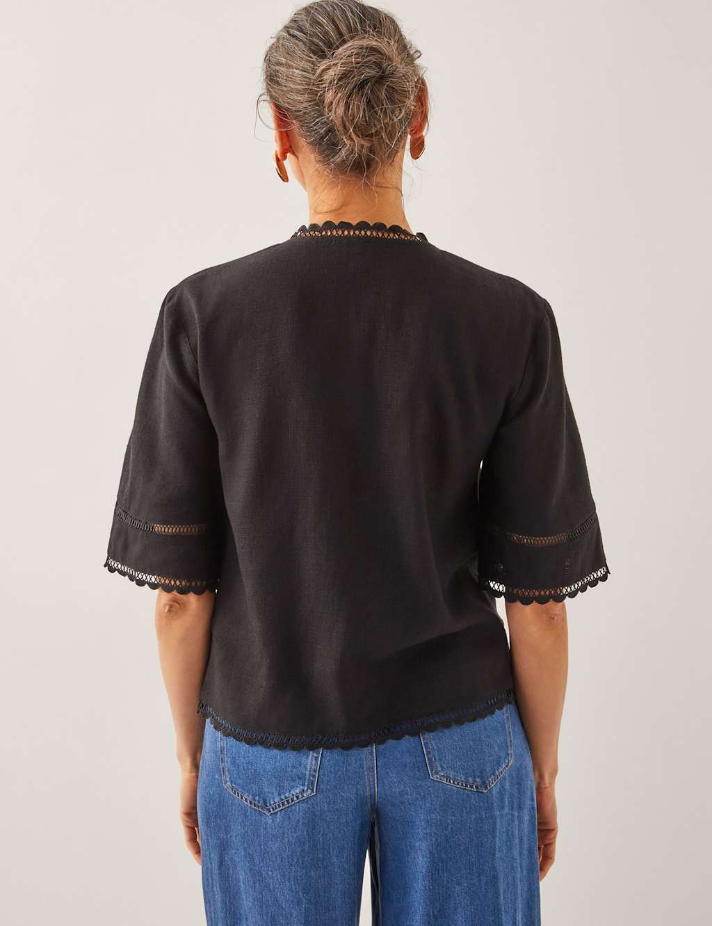 Broderie Tie Neck Blouse with Linen 3 of 4