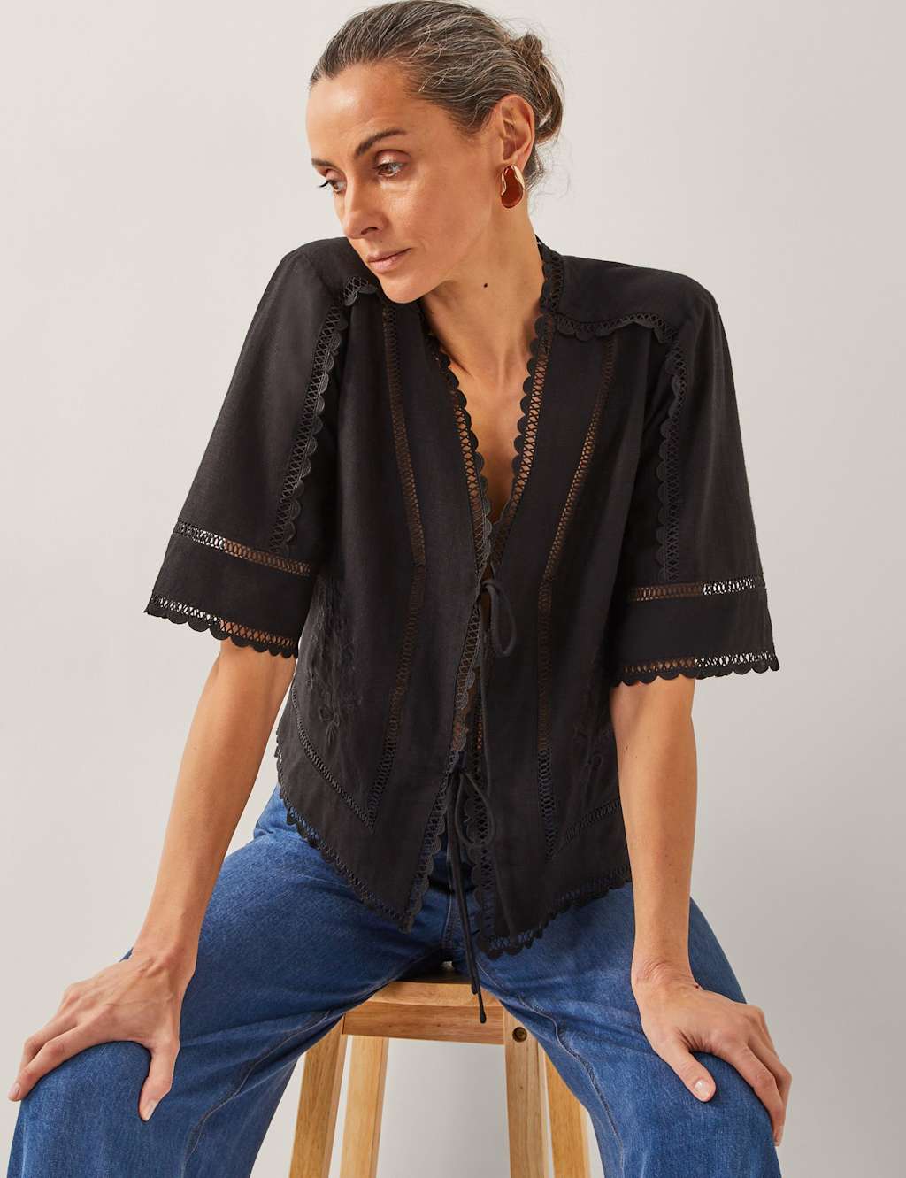 Broderie Tie Neck Blouse with Linen 4 of 4