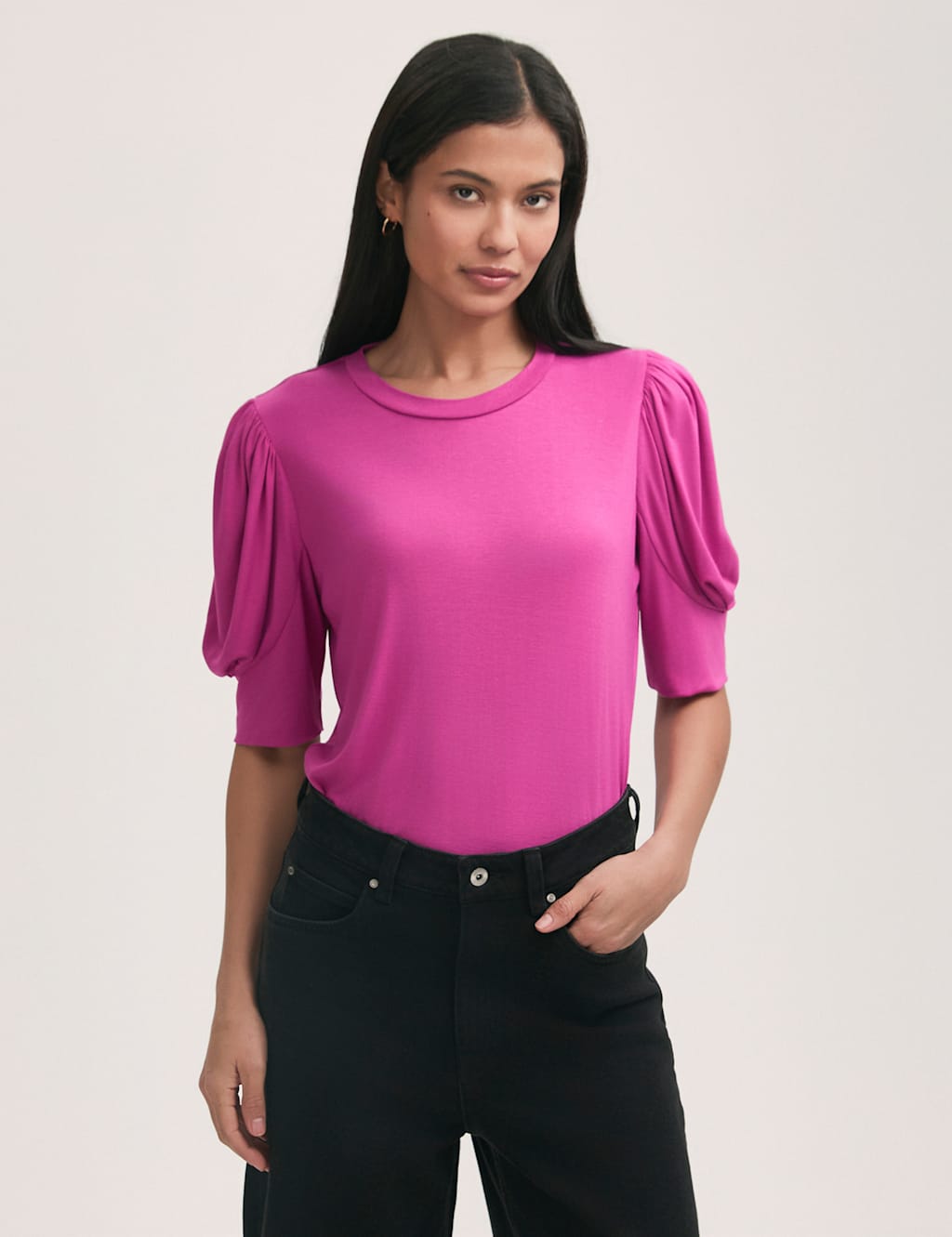 Jersey Draped Gathered Puff Sleeve Top 3 of 4